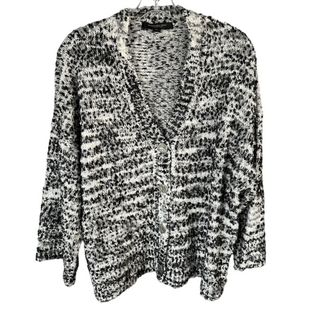 Marc New York Textured Knit Button-Front V-Neck Cardigan Sweater Black White Lg